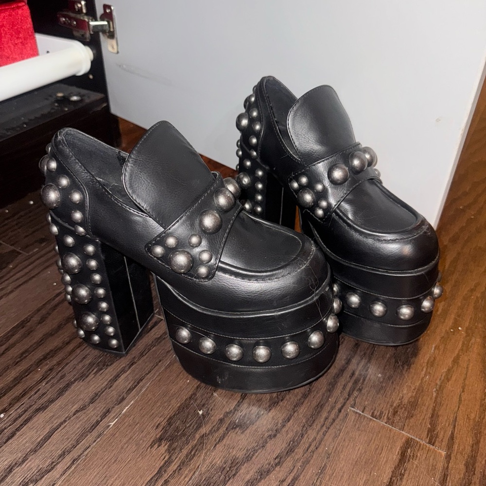 Platform Studded Black Leather Loafers - Picture 2 of 3